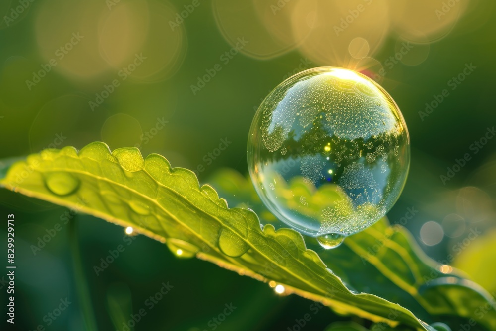 Aufkleber a close up of a leaf with a water drop, the delicate touch of a bubble landing on a leaf