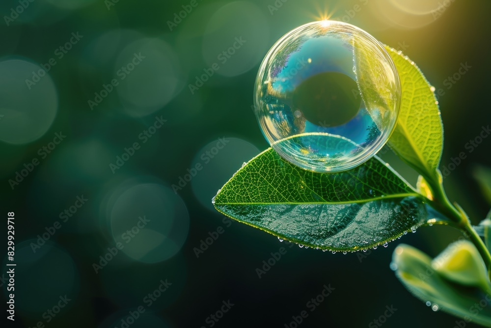 Aufkleber a close up of a leaf with a water drop, the delicate touch of a bubble landing on a leaf