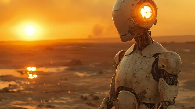 A lone, futuristic robot stands in a desolate landscape at sunset, with a glowing light in its head.  The robot's metallic body reflects the warm colors of the setting sun.