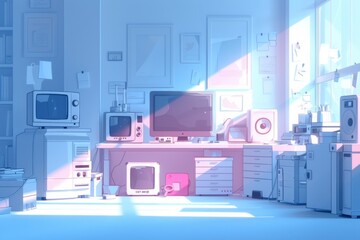 Modern office with computers and digital security systems, emphasizing data protection and organized workspace in a light-filled setting.