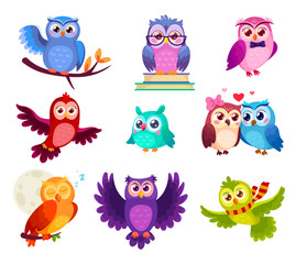 Comic owlet. Cartoon funny owl cute bird characters, face expression happy kid young owls big eye forest animal creature, childish adorable owlets set ingenious vector illustration