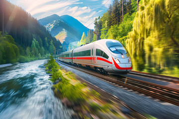 Fototapeta premium High-Speed Train Moving Fast with Motion Blur in Scenic Landscape