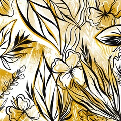 Gold yellow and black colored abstract flower and leaves botanical luxury plants brush strokes...