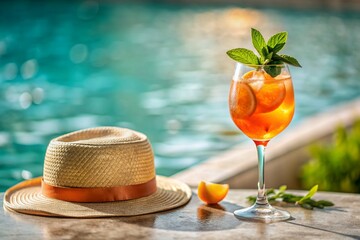 A glass of delicious orange Aperol cocktail on the background of the pool. Alcoholic cocktail juicy fruit with orange, ice cubes and mint. - Powered by Adobe