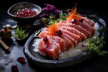 Delicious sashimi on a rustic plate against a painted gypsum board background
