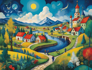 primativist style painting depicting a surrealist Russian village