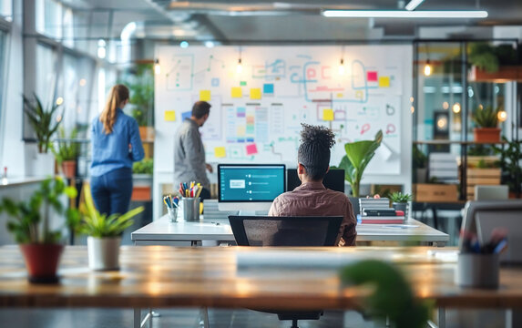 Modern office brainstorming session with diverse team