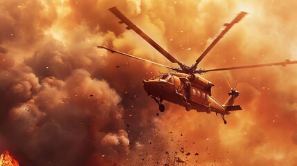 military helicopter flying through flames and smoke in desert warzone dramatic action scene wide poster design with copy space