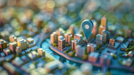 miniature city model with prominent geo pin showcasing geofencing technology 3d illustration