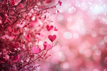 Stalk of love tree bearing fruit and leaves of red and pink hearts on blur pink light background with copy space. Valentine's day background.