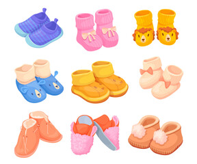 Baby booties. Child knitting socks toddler booty shoes, child boots infant knitted shoe babies shower gift for pregnant, newborn little footwear, cartoon neat vector illustration