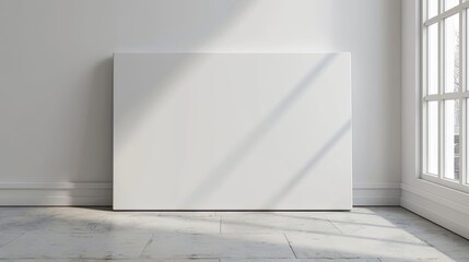 Obraz premium minimalist blank art canvas mockup on laminate floor white wall background