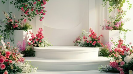 White podium with beautiful colorful flower arrangements for product display and presentation background