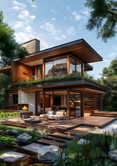 Fototapeta premium Modern House Exterior Design with Large Glass Windows and Wooden Deck