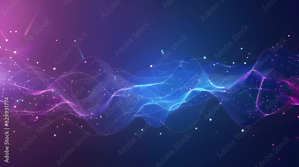 Fototapete digits abstract background with connected line and dots, wave flow. digital neural networks. network