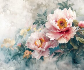 Pink peonies in the fog.