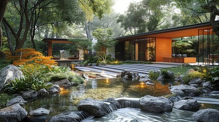 A gentle stream meanders past the podium, its soothing sounds complementing the serene atmosphere of the geometric structure. Minimal and Simple style