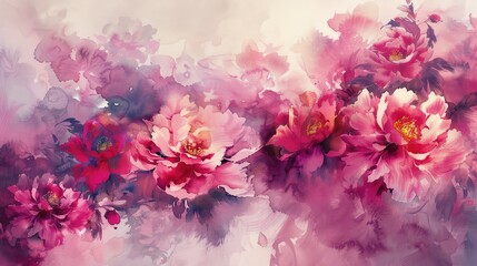 Pink watercolor peony flowers.