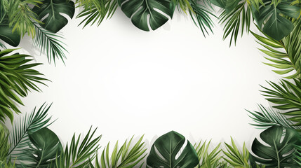 Fototapeta premium Tropical leaves frame background with copy space. Exotic green foliage.