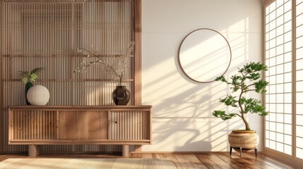 minimalist japanese living room with wooden sideboard and wall decor digital illustration
