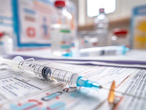 Syringe lying on a table in a clinic, with medical posters in the background