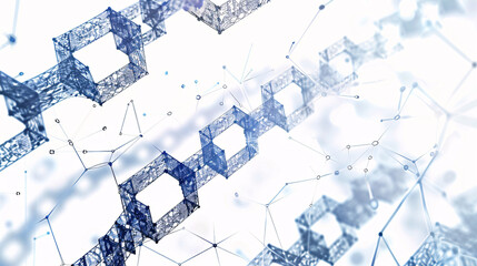 Abstract blue blockchain network with cubes and lines, depicting digital data and technology connections