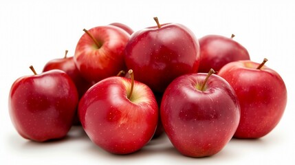 Fresh red apples with stems arranged in a pyramid shape on a clean white background