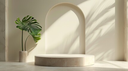 Fototapeta premium Sleek Minimalist Product Display Podium with Arched Window Background