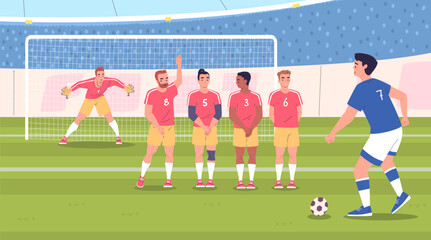 Player kick penalty. Soccer players team free kicks in football match stadium, footballer kicking ball goal keeper, goalkeeper defending training, goalie classy vector illustration