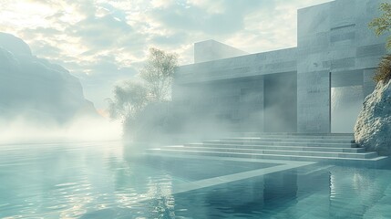 A gentle mist hangs in the air, lending an air of mystery and enchantment to the geometric podium and its surroundings. Minimal and Simple style