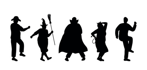 Halloween Party. Silhouettes of People in Halloween Costumes. People dance. People Silhouettes. Black on White. Vector illustration