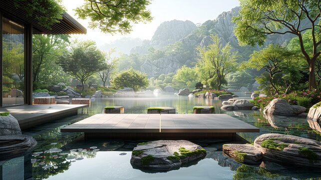 The geometric podium serves as a platform for contemplation and reflection, offering viewers a moment of respite in the midst of nature's beauty. Minimal and Simple style