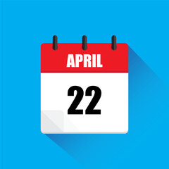April twenty second. Red white vector. Blue background icon. Long shadow illustration.