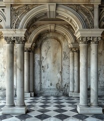 Obraz premium Black and White Baroque Arcade with Checkered Floor