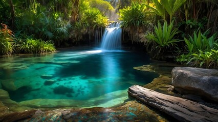 A beautiful waterfall in a tropical paradise.