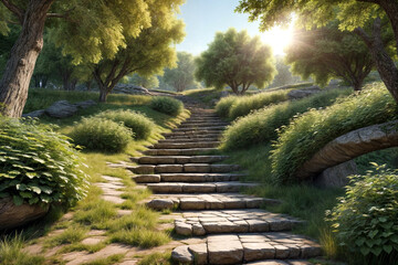 Ancient stone staircase footpath in hilly Park. Moss covered stairs in mountain rock. Cozy backgrounds for site or large-resolution wallpaper. Concept of travel, tourism and adventure. Copy space - Powered by Adobe