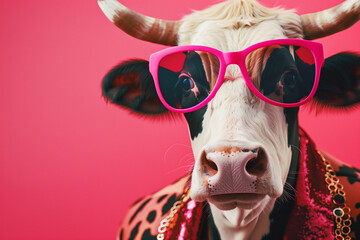 Obraz premium Glamorous cow with pink sunglasses