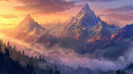 misty peaks majestic mountain landscape at sunset with rolling fog blanketing the valleys aigenerated scenery digital painting