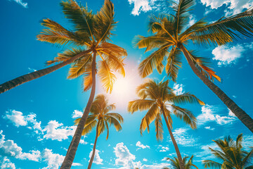 Low angle view of palm trees against a sunny sky