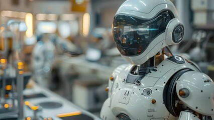 A futuristic robot stands in a factory setting, its white helmet and sleek design reflecting the surrounding lights.