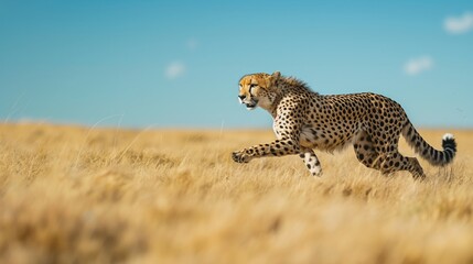 Fototapeta premium A cheetah swiftly moves across tall grass in its natural habitat