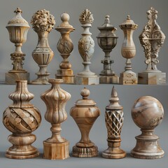 3D rendering of various wooden balusters and finials