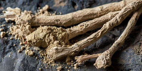 a close-up of a pile of powdered ginseng on a dark surface background,