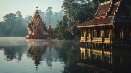 Naklejka premium Majestic Thai Temple Reflected in Serene Lake at Sunset