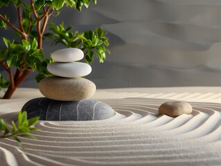Meticulously Crafted Zen Garden Invites Serene Contemplation with Raked Sand Smooth Stones and Carefully Placed Foliage