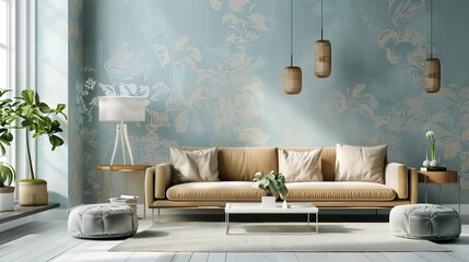 modern bright living room interior with artistic wallpaper and stylish furniture