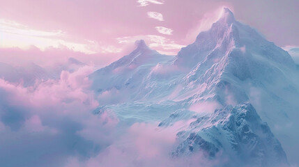 Fototapeta premium Majestic snow-capped mountains, pink pastel sky, ethereal light, clouds drifting