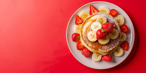 A red plate topped with a stack of pancakes, strawberries, and banana slices.