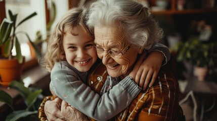 Obraz premium Happy old grandmother hugging little grandchild girl looking at camera, smiling mature mother or senior grandma granny laughing embracing adopted kid granddaughter sitting on couch