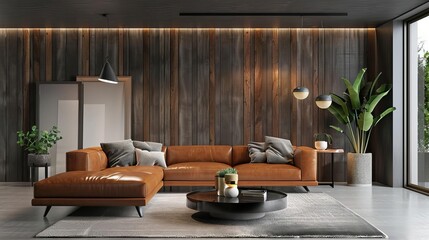 modern living room interior with leather sofa and wooden wall decor 3d rendering
